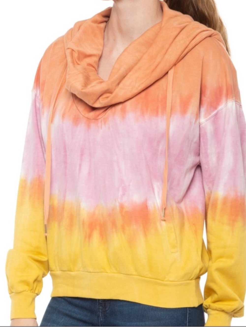 Young Fabulous and Broke Tie-Dye Ombre Hooded Pullover in Peach, Pink & Yellow.
